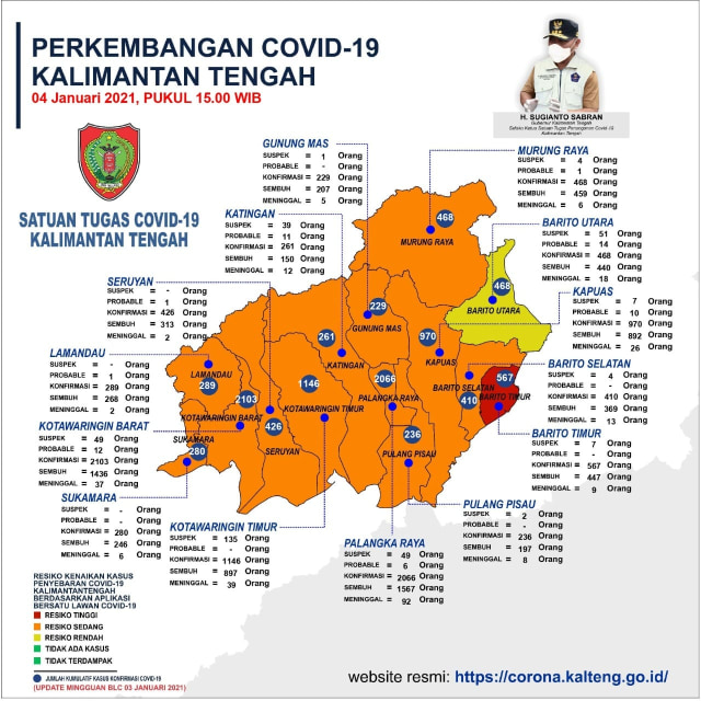Peta penyebaran Corona di Kalimantan Tengah per 4 Januari 2020. 