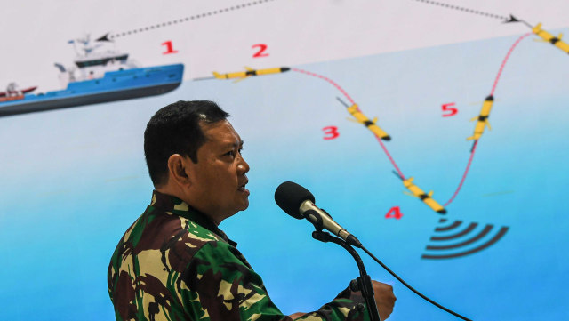 Kepala Staf Angkatan Laut (KSAL) Laksamana TNI Yudo Margono menjelaskan tentang penemuan alat berupa 'Sea Glider' saat konferensi pers di Pushidrosal, Ancol, Jakarta, Senin (4/1/2021). Foto: ANTARA FOTO/M Risyal Hidayat