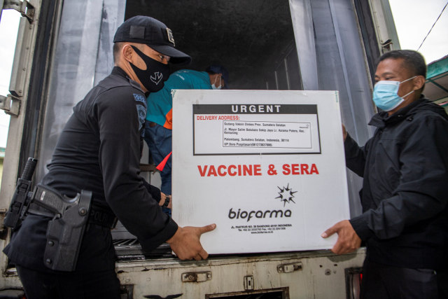 Petugas melakukan bongkar muat vaksin corona Sinovac saat tiba di gudang vaksin (cold room) milik Dinas Kesehatan Provinsi Sumatera Selatan di Palembang, Senin (4/1).  Foto: Nova Wahyudi/ANTARA FOTO
