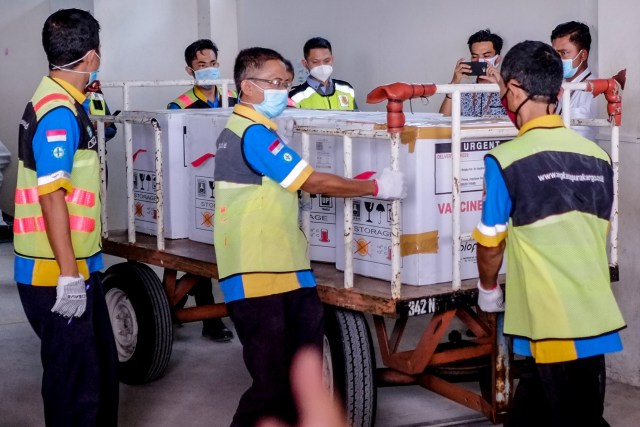 Petugas bandara membawa vaksin corona Sinovac saat bongkar muatan dari pesawat di Bandara Depati Amir, Pangkalan Baru, Bangka Tengah, Kepulauan Bangka Belitung, Selasa (5/1).  Foto: Anindira Kintara/ANTARA FOTO