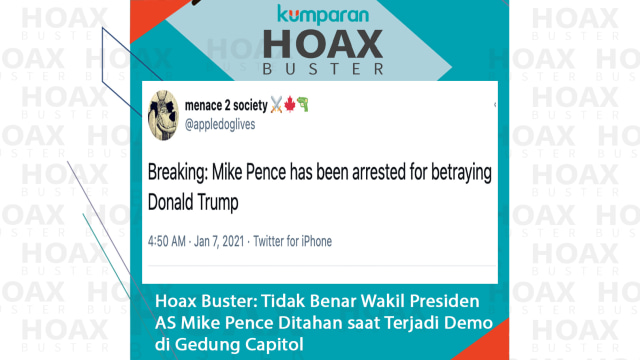 Hoax Buster: Tidak benar Wakil Presiden AS Mike Pence ditahan saat terjadi demo di Gedung Kongres Capitol.
 Foto: Twitter