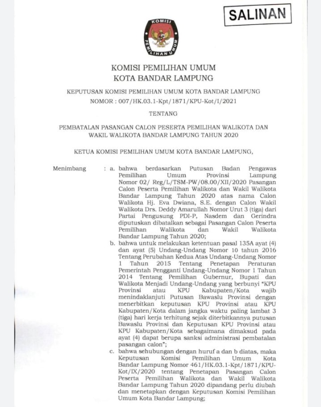 SK KPU Bandar Lampung tentang pembatalan paslon Eva-Deddy dalam Pilwalkot 2020, Jumat (8/1) | Foto : Ist