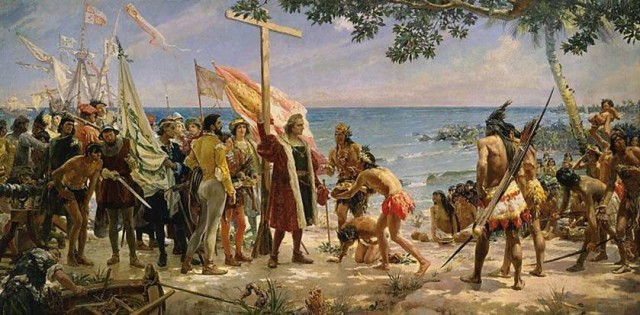 Ilustrasi kedatangan Columbus. Sumber: Wikimedia Commons
