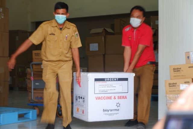 Proses pemindahan vaksin dari gedung instalasi farmasi Dinas Kesehatan Provinsi Lampung ke mobil box, Selasa (12/1) | Foto : Sidik Aryono/ Lampung Geh