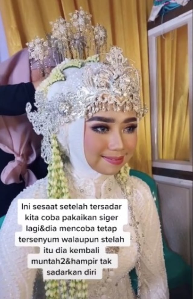 Viral kisah mistis pengantin wanita senyum-senyum dan kerasukan arwah ayahnya di hari pernikahan. (Foto: TikTok/@ikkasofa_mua)