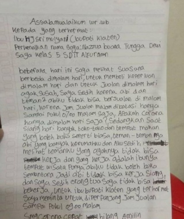 Viral bocah perempuan kelas 5 SD tulis surat ke Bupati Klaten. (Foto: Instagram/@smart.gram)  