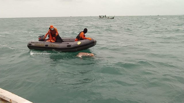Tim SAR Gabungan saat mengevakuasi jasad nelayan terapung.