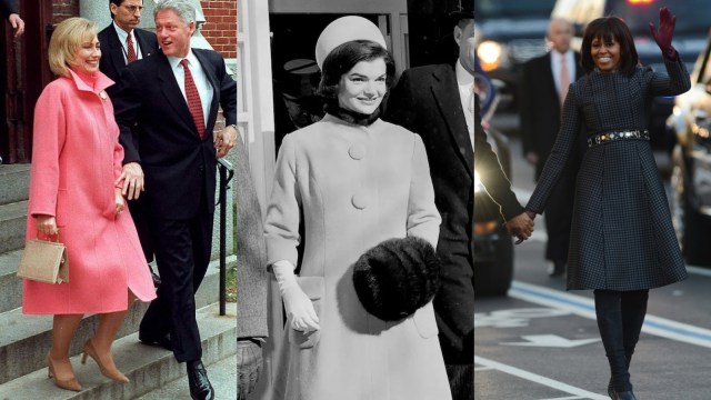 Penampilan Ibu Negara AS Hillary Clinton, Jackie Kennedy, dan Michelle Obama saat pelantikan presiden. Foto: SAUL LOEB/AFP, Instagram @keithslittlerocknroll, TED MATHIAS/AFP