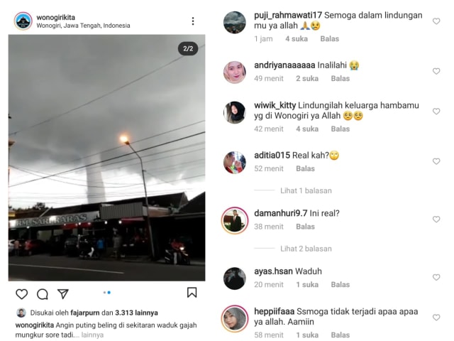 Tangkapan layar akun Instagram yang membagikan video viral kejadian puting beliung di wonogiri