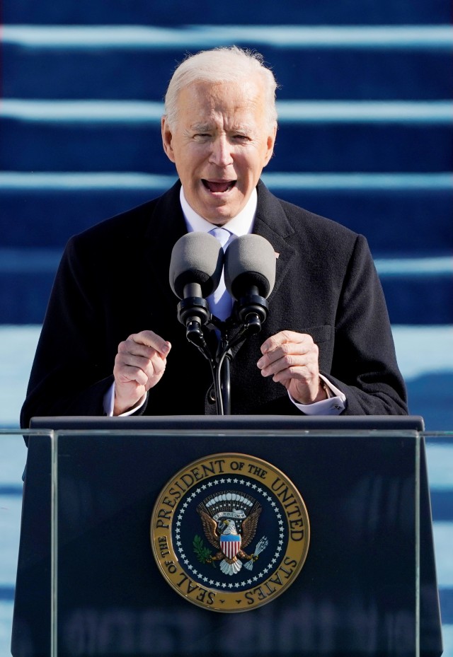 Presiden Amerika Serikat Joe Biden menyampaikan pidato usai dilantik sebagai Presiden Amerika Serikat di Front Barat Capitol AS di Washington, AS, Rabu (20/1).
 Foto: Patrick Semansky/Pool/REUTERS