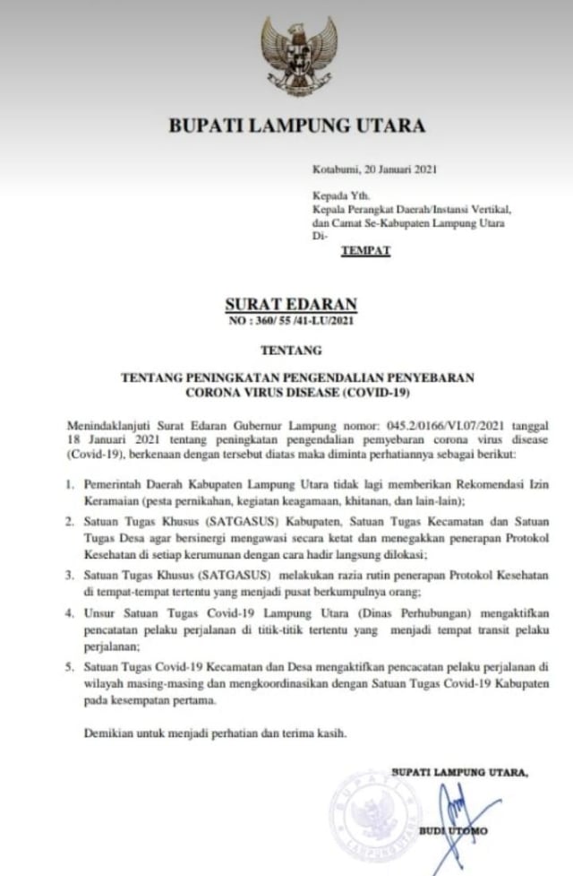 Surat Edaran Bupati Lampung Utara terkait Peningkatan Pengendalian Penyebaran COVID-19 | Foto: Ist