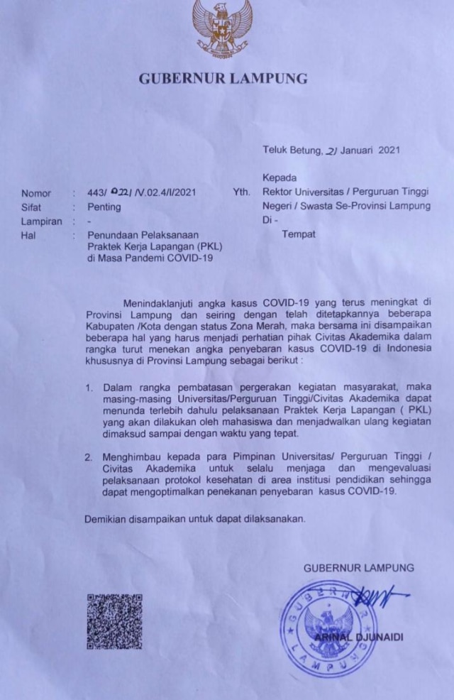 SE Gubernur Lampung tentang penundaan kegiatan PKL dan sejenisnya, Jumat (24/1) | Foto : Ist