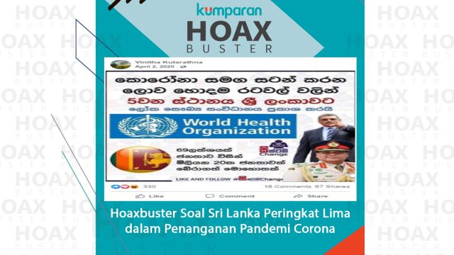 Hoaxbuster Soal Sri Lanka Peringkat Lima dalam Penanganan Pandemi Corona.
 Foto: Facebook