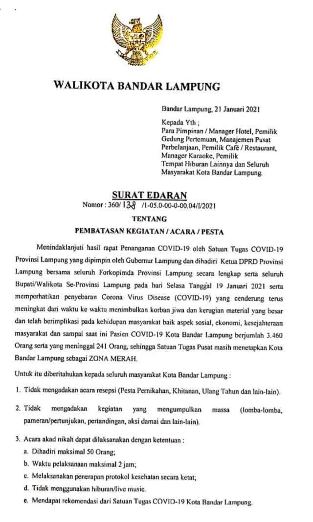 SE Wali Kota Bandar Lampung tentang pembatasan kegiatan masyarakat di tengah pandemi COVID-19, Minggu (24/1) | Foto : Ist