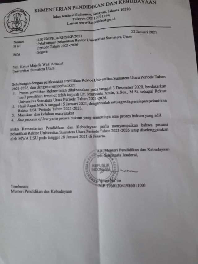 Surat Kemendikbud terhadap MWA soal pelantikan rektor terpilih USU Muryanto Amin. Foto: Dok. Istimewa