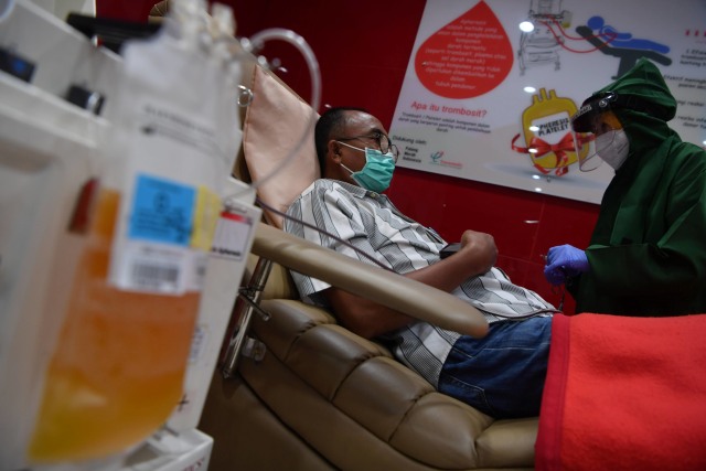 Suasana saat donor plasma konvalesen di Unit Tranfusi Darah PMI Surabaya, Jawa Timur, Selasa (26/1). Foto: Zabur Karuru/Antara Foto