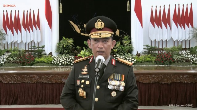 Jenderal Pol Listyo Sigit Prabowo memberikan keterangan usai dilantik sebagai Kapolri di Istana Negara, Jakarta, Rabu (27/1).  Foto: Youtube/Sektretariat Presiden