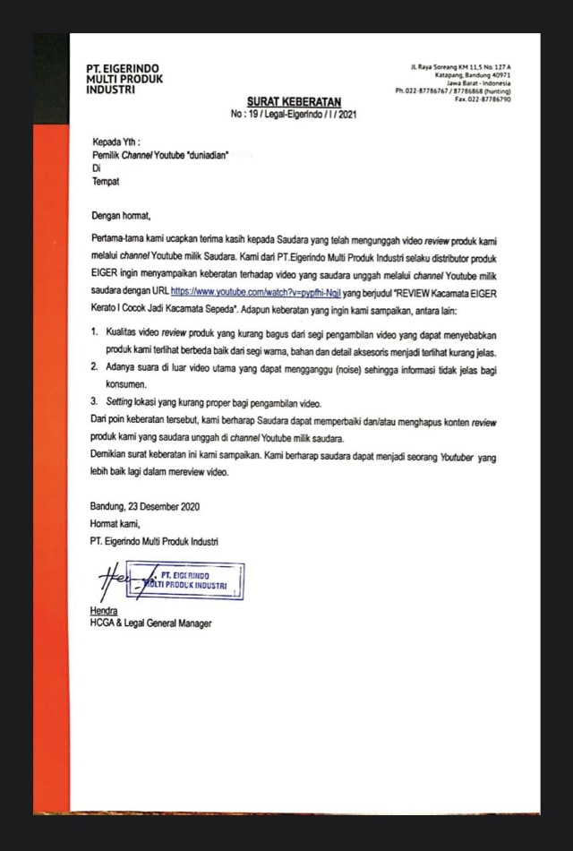 Surat keberatan Eiger untuk YouTuber. Foto: Dian Widiyanarko (@duniadian) via Twitter
