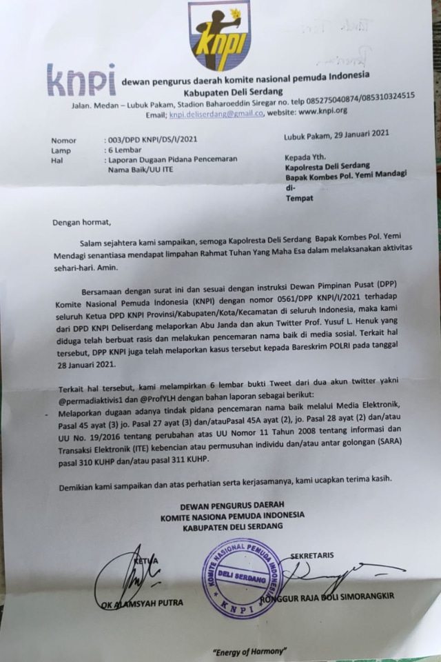 Surat pengaduan dari KNPI Deli Serdang. Foto: Dok. Istimewa