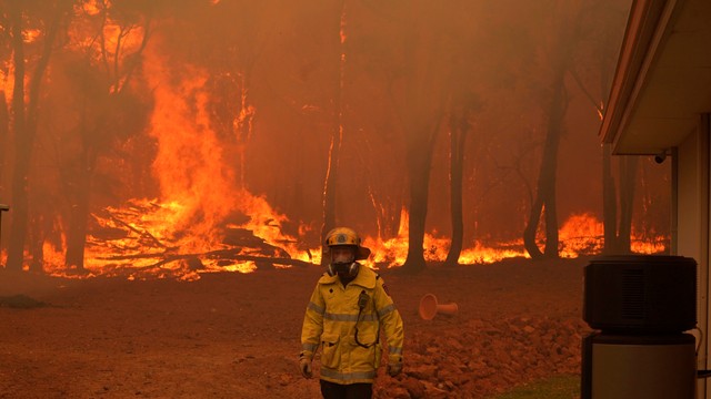 Seorang petugas pemadam kebakaran berdiri di dekat lokasi kebakaran di dekat Wooroloo, timur laut Perth, Australia, Selasa (2/2). Foto: Evan Collis/DFES via AP