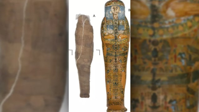 Peti mati yang dihias dengan indah ini (kanan) bukan milik mumi terbungkus lumpur yang tidak biasa (kiri) yang ditemukan di dalamnya. Foto: PLOS ONE/Sowada