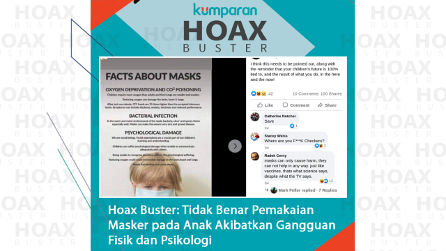 Hoax Buster: Tidak Benar Pemakaian Masker pada Anak Akibatkan Gangguan Fisik dan Psikologi. Foto: Facebook