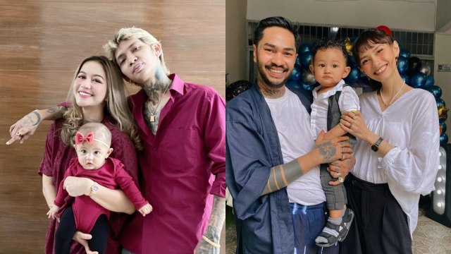 Young Lex dan Onadio Leonardo bersama keluarga masing-masing. Foto: Instagram/eriskanakesya, bebyleonardo