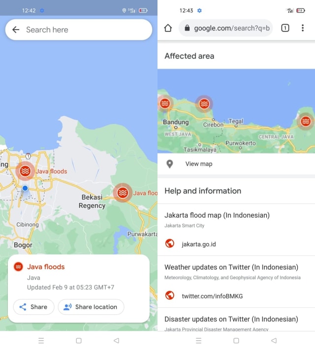 Fitur Peringatan SOS banjir Jawa yang disediakan Google. Foto: Aulia Rahman Nugraha/kumparan