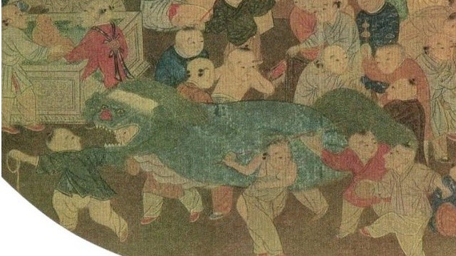 Rincian lukisan Dinasti Song "Seratus Anak Bermain di Musim Semi" oleh Su Hanchen yang menampilkan anak-anak menampilkan tarian Barongsai. | Wikimedia Commons