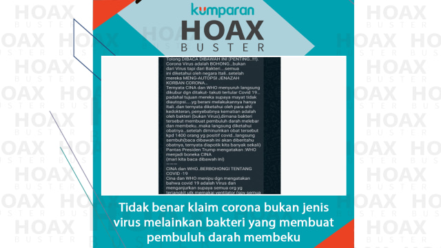 Tidak benar klaim corona bukan jenis virus melainkan bakteri yang membuat pembuluh darah membeku
Foto: Fitra Andrianto/kumparan