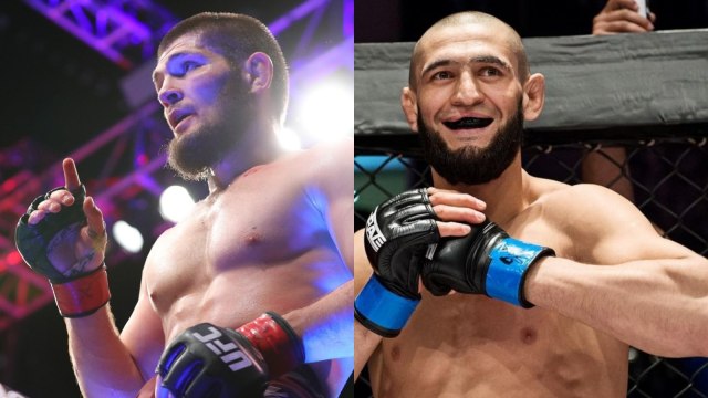 Khamzat Chimaev dan Khabib Nurmagomedov. Foto: Instagram/@Khamzat Chimaev & Getty Images/Ed Mulholland