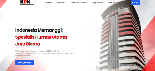 Laman depan website pengumuman rekrutmen Spesialis Humas Utama - Juru Bicara. Lolos seleksi hingga tahap ke tiga, bagaimana rasanya?