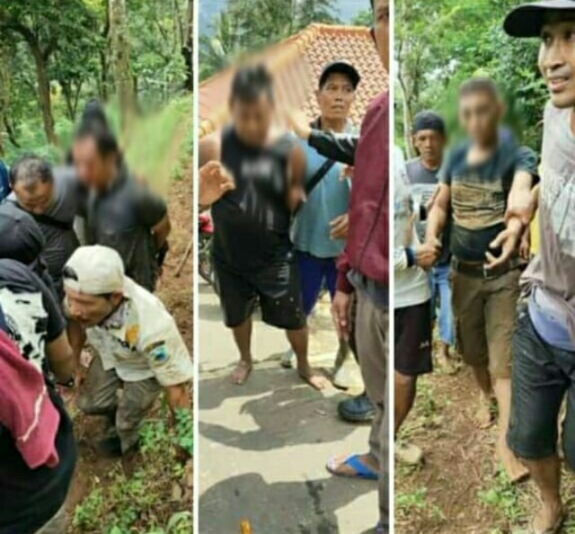 Anggota Polsek Subang dibantu warga Kecamatan Cilebak, Kabupaten Kuningan, Jawa Barat, mengamankan komlotan pelaku pencurian sapi yang lari ke hutan. (Istimewa)