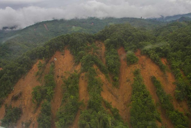 Foto udara kondisi hutan Pegunungan Meratus yang longsor di Kabupaten Hulu Sungai Tengah, Kalsel. Foto: BAYU PRATAMA S/ANTARA FOTO