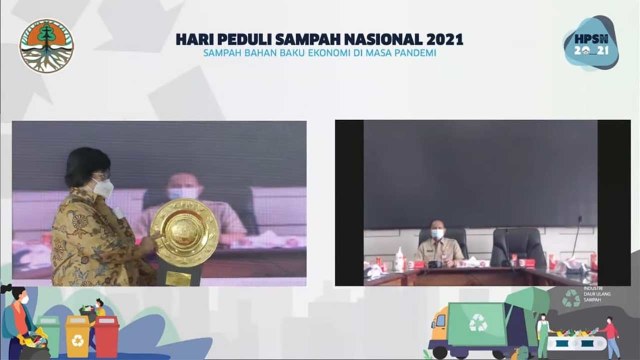 Menteri Lingkungan Hidup dan Kehutanan (LHK) Siti Nurbaya Bakar menyampaikan secara virtual penghargaan kepada Pemkot Malang, pada HPSN yang berlangsung Senin (22/02/2021).(foto:humas).