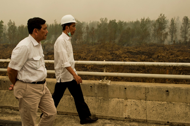 Presiden Indonesia Joko Widodo (kanan) didampingi Menko Maritim dan Investasi, Luhut Pandjaitan, memeriksa operasi pemadam kebakaran di hutan lahan gambut di Kalimantan (24/9/2015). Foto: Romeo Gacad/AFP
