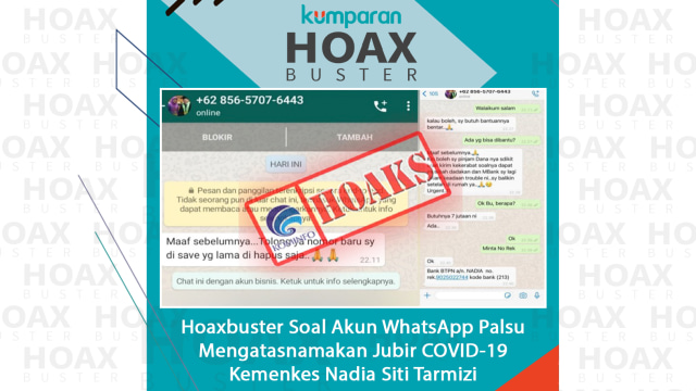 Hoaxbuster Soal Akun WhatsApp Palsu Mengatasnamakan Jubir COVID-19 Kemenkes Nadia Siti Tarmizi. Foto: Kominfo