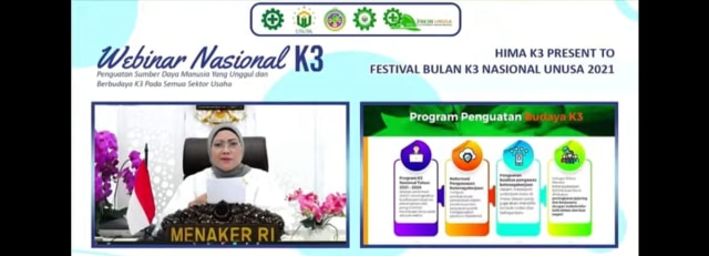 Menaker Ida Fauziyah dalam webinar nasional K3 yang digelar Himpunan Mahasiswa (Hima) Keselamatan dan Kesehatan Kerja (K3) Universitas Nahdlatul Ulama Surabaya (Unusa).