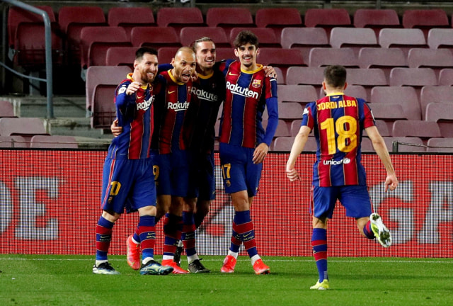 Selebrasi pemain Barcelona saat Semi Final Leg kedua Copa del Rey melawan Sevilla di Camp Nou, Barcelona, Spanyol.
 Foto: Albert Gea/Reuters