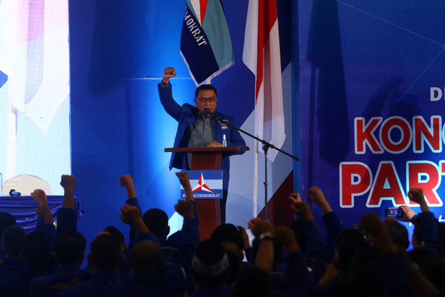 Moeldoko menyampaikan pidato perdana saat Kongres Luar Biasa (KLB) Partai Demokrat di The Hill Hotel Sibolangit, Deli Serdang, Sumatera Utara, Jumat (5/3). Foto: Endi Ahmad/Antara Foto