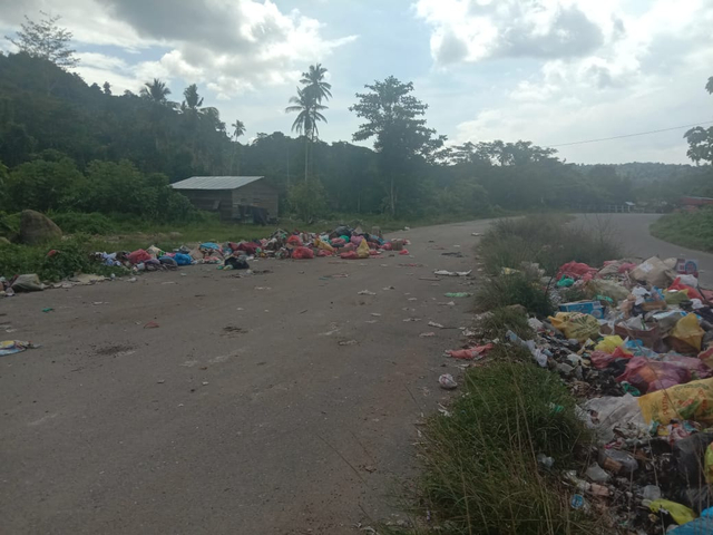 Sampah berserakan di bahu jalan yang menghubungkan Desa Nurweda dan Desa Wedana, Kecamatan Weda. Foto: Risno Hamisi/JMG