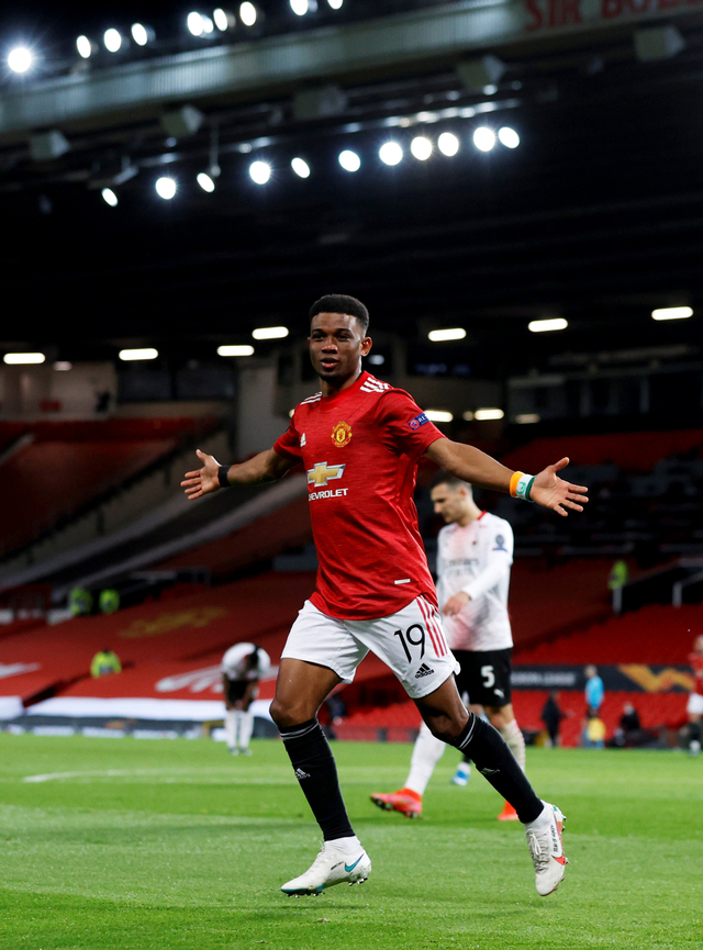 Pemain MU, Amad Diallo, saat pertandingan melawan Milan di Old Trafford, Manchester, Inggris. Foto: Phil Noble/Reuters