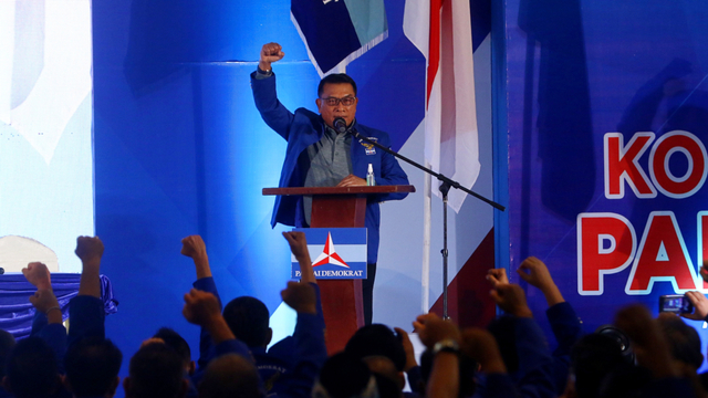 Moeldoko menyampaikan pidato perdana saat Kongres Luar Biasa (KLB) Partai Demokrat di The Hill Hotel Sibolangit, Deli Serdang, Sumatera Utara, Jumat (5/3). Foto: Endi Ahmad/ANTARA FOTO 