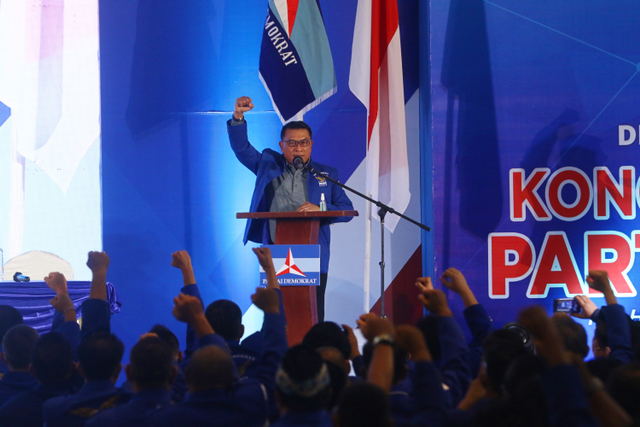 Moeldoko menyampaikan pidato perdana saat Kongres Luar Biasa (KLB) Partai Demokrat di The Hill Hotel Sibolangit, Deli Serdang, Sumatera Utara. Foto: Endi Ahmad/ANTARA FOTO