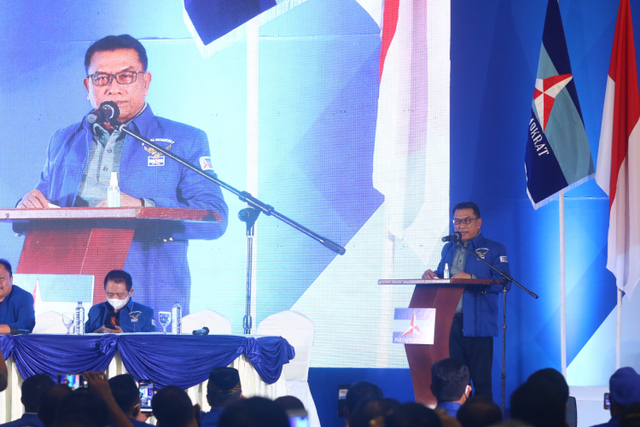 Moeldoko menyampaikan pidato perdana saat Kongres Luar Biasa (KLB) Partai Demokrat di The Hill Hotel Sibolangit, Deli Serdang, Sumatera Utara. Foto: Endi Ahmad/ANTARA FOTO
