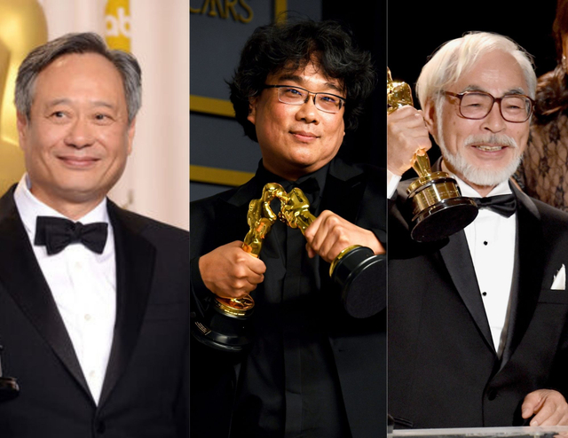 Dari kiri ke kanan : Ang Lee (Taiwan), Bong Jong Hoo ( Korea Selatan) dan Hayao Miyazaki (Jepang) mengangkat piala Oscar / Academy Awards