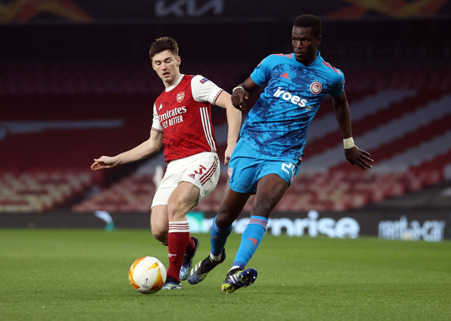 Pertandingan Liga Europa Babak 16 Besar Kedua antara Arsenal melawan Olympiacos di Stadion Emirates, London, Inggris, 18 Maret 2021. Foto: Hannah McKay/REUTERS