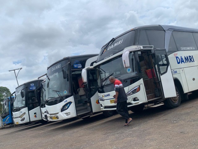 Bus Damri yang berada di terminal bus Antar Lintas Batas Negara (ALBN) Sungai Ambawang, Kalbar. Foto: Teri/Hi!Pontianak