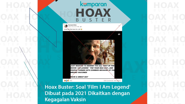 Hoax Buster: Soal 'Film I Am Legend' Dibuat pada 2021 Dikaitkan dengan Kegagalan Vaksin.  Foto: Screenshot of a Facebook post via AFP 