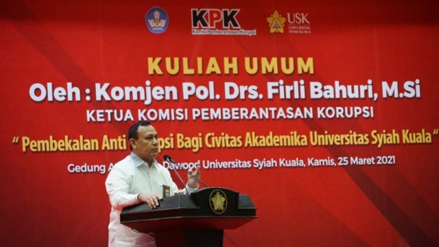 Ketua KPK, Firli Bahuri saat menyampaikan kuliah umum di Universitas Syiah Kuala, Banda Aceh. Foto: Humas KPK